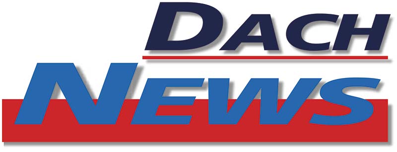 DACH NEWS Schriftzug mit blauem und schwarzem Text und rotem Balken darunter.