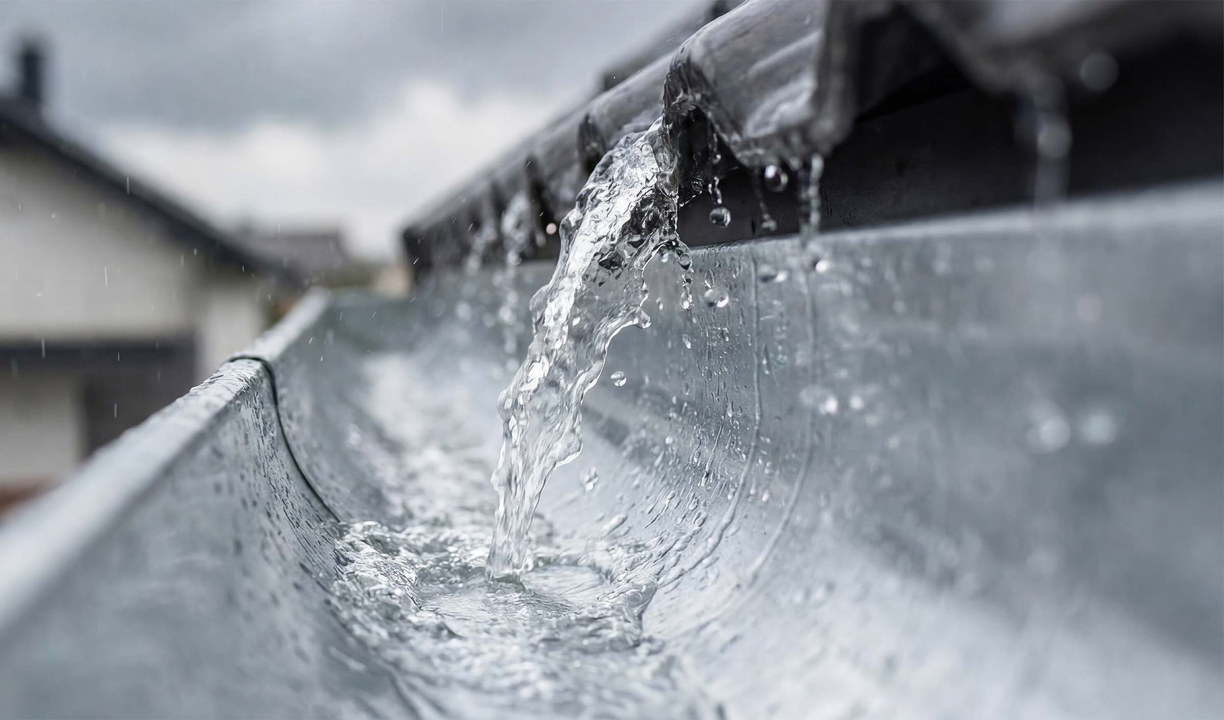 Regenwasser fließt im Metall-Dachrinnenrohr bei bewölktem Himmel.