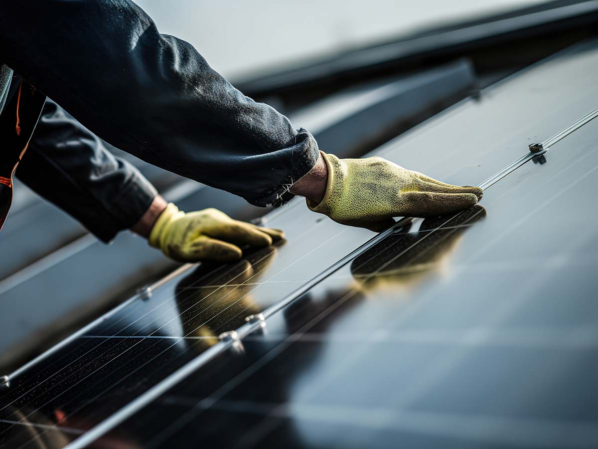 Handwerker mit gelben Handschuhen installiert Solarmodule auf einem Dach.